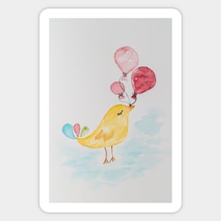 Little cute bird with balloons. Watercolor hand painted illustration for greeting card Sticker